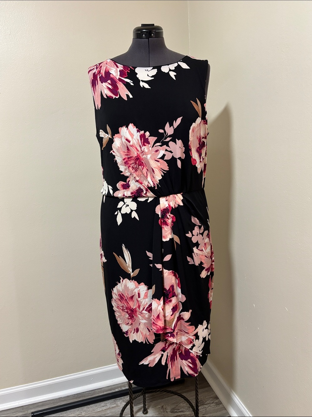 White House Black Market Black Floral Sleeveless Sheath Dress with Pink flowers